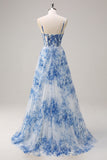 White Blue Flower Spaghetti Straps Ruched Corset Long Formal Dress With Slit