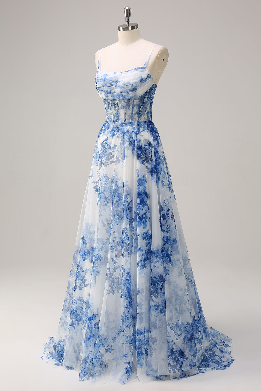 White Blue Flower Spaghetti Straps Ruched Corset Long Formal Dress With Slit