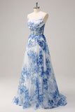White Blue Flower Spaghetti Straps Ruched Corset Long Formal Dress With Slit