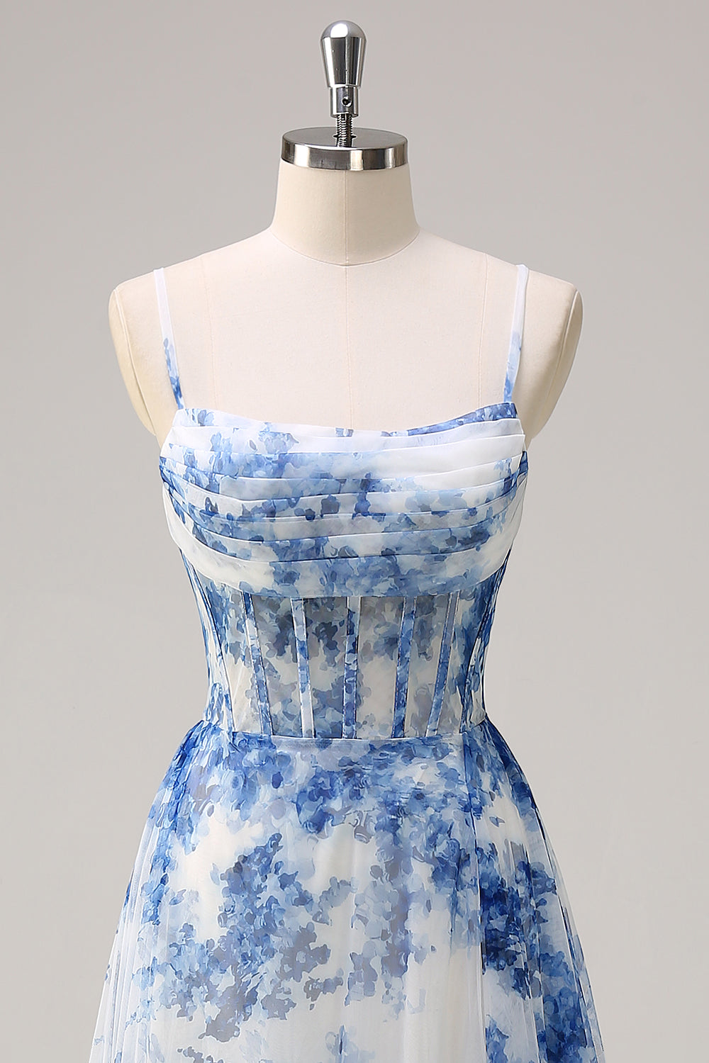 White Blue Flower Spaghetti Straps Ruched Corset Long Formal Dress With Slit