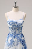 White Blue Flower Spaghetti Straps Ruched Corset Long Formal Dress With Slit