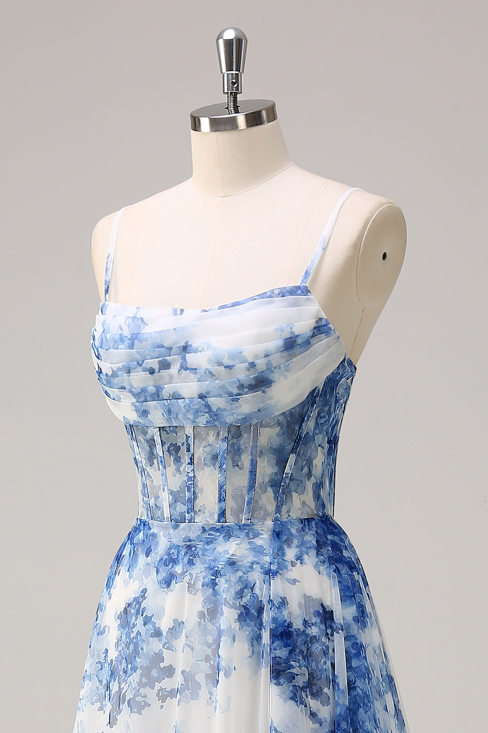 White Blue Flower Spaghetti Straps Ruched Corset Long Formal Dress With Slit