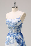 White Blue Flower Spaghetti Straps Ruched Corset Long Formal Dress With Slit