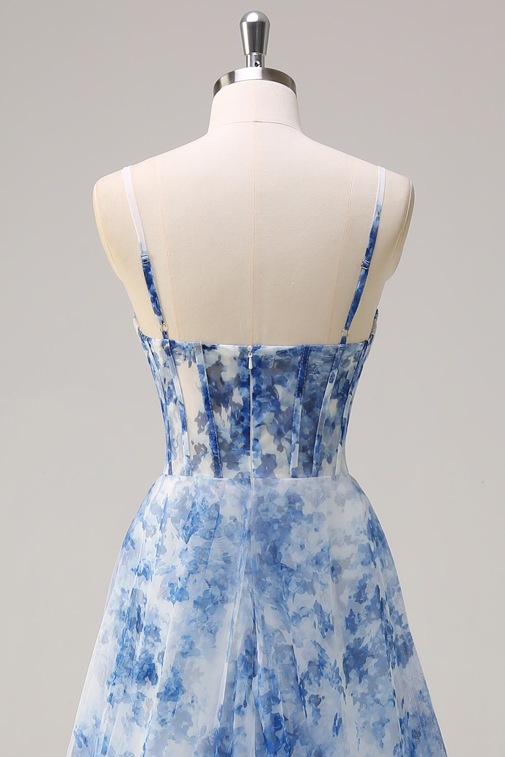 White Blue Flower Spaghetti Straps Ruched Corset Long Formal Dress With Slit