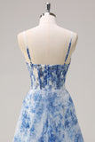 White Blue Flower Spaghetti Straps Ruched Corset Long Formal Dress With Slit