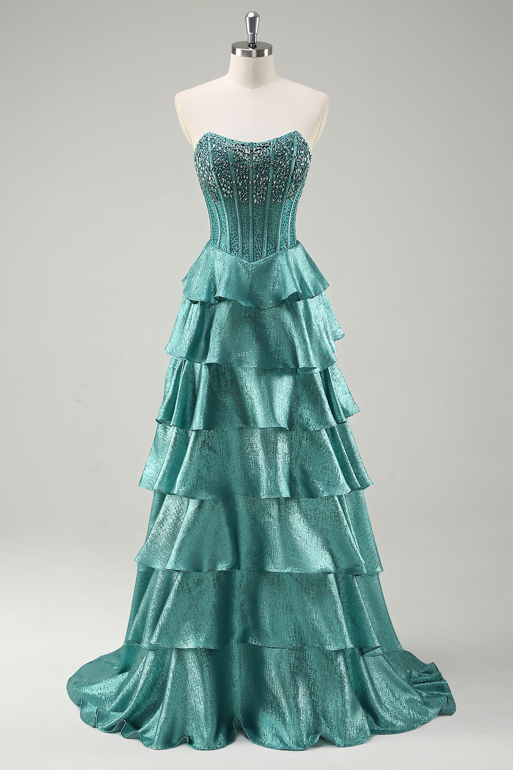 Tiered Ruffles Peacock Green Strapless Long Formal Dress with Beading