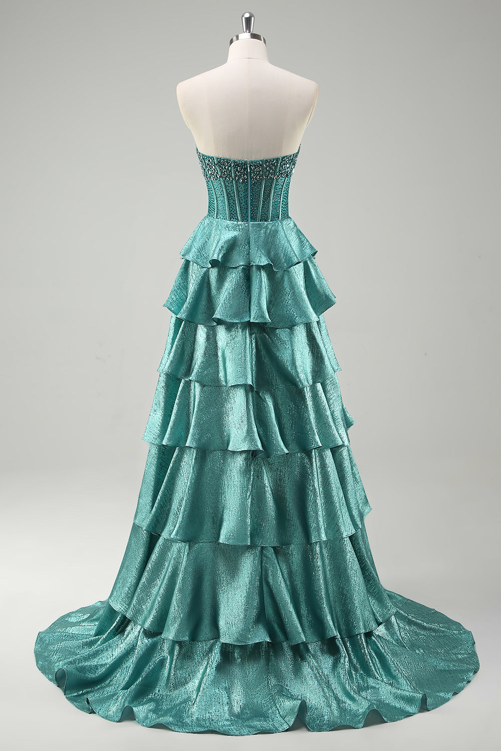Tiered Ruffles Peacock Green Strapless Long Formal Dress with Beading