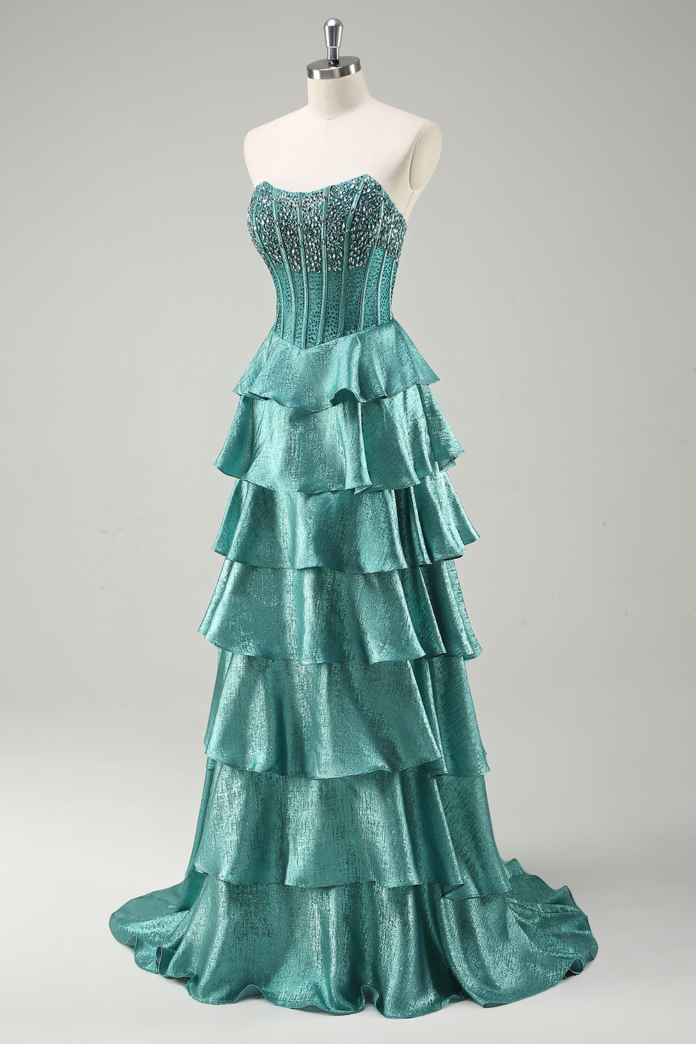 Tiered Ruffles Peacock Green Strapless Long Formal Dress with Beading