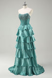 Tiered Ruffles Peacock Green Strapless Long Formal Dress with Beading