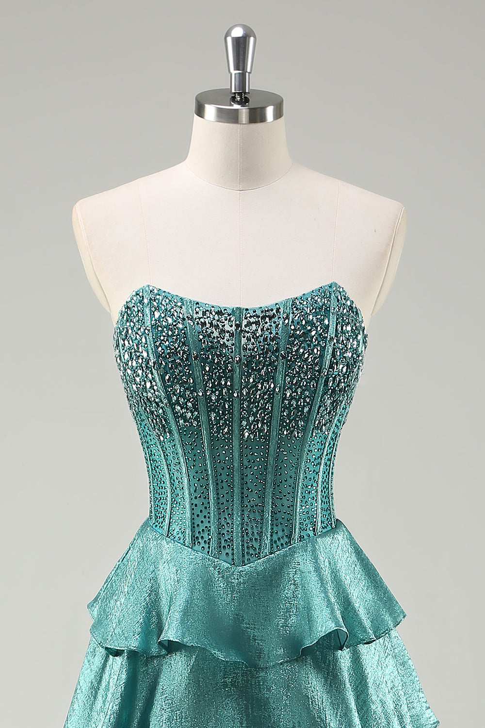 Tiered Ruffles Peacock Green Strapless Long Formal Dress with Beading