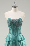 Tiered Ruffles Peacock Green Strapless Long Formal Dress with Beading