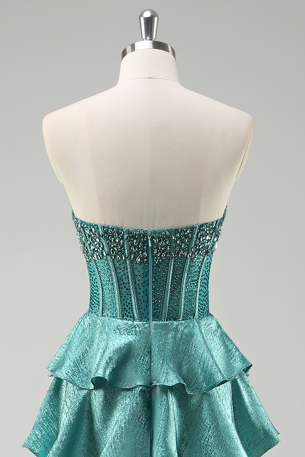 Tiered Ruffles Peacock Green Strapless Long Formal Dress with Beading
