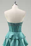 Tiered Ruffles Peacock Green Strapless Long Formal Dress with Beading