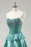 Tiered Ruffles Peacock Green Strapless Long Formal Dress with Beading