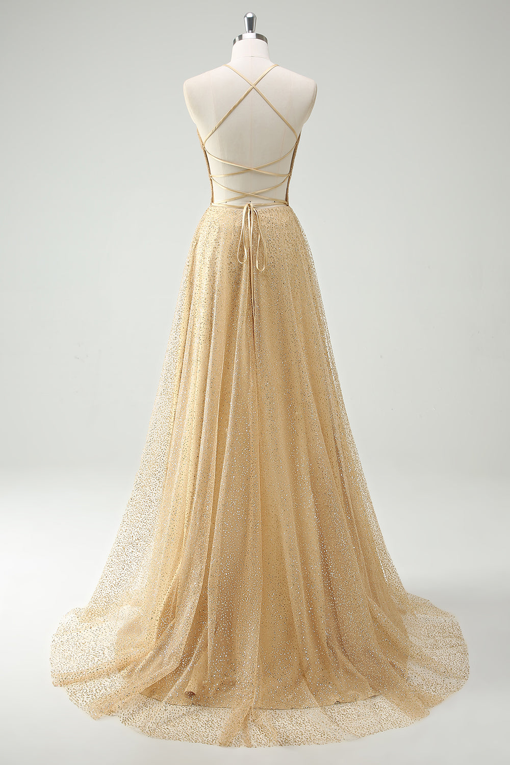 A Line Gold Sequin Spaghetti Straps Formal Dress With Slit
