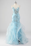 Sky Blue Mermaid Spaghetti Straps Sequin Corset Long Formal Dress with Ruffles