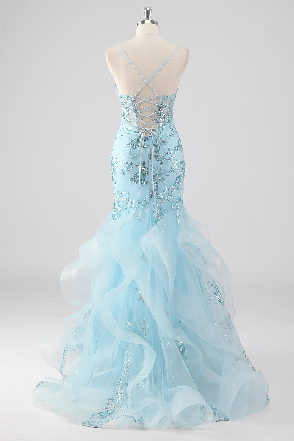 Sky Blue Mermaid Spaghetti Straps Sequin Corset Long Formal Dress with Ruffles