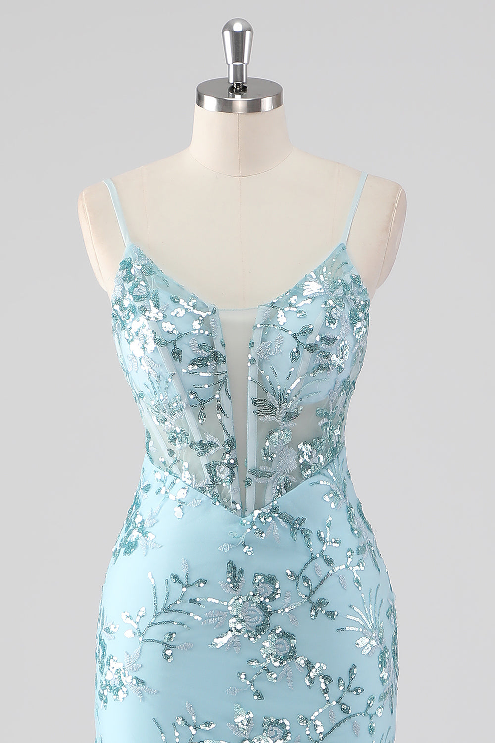 Sky Blue Mermaid Spaghetti Straps Sequin Corset Long Formal Dress with Ruffles