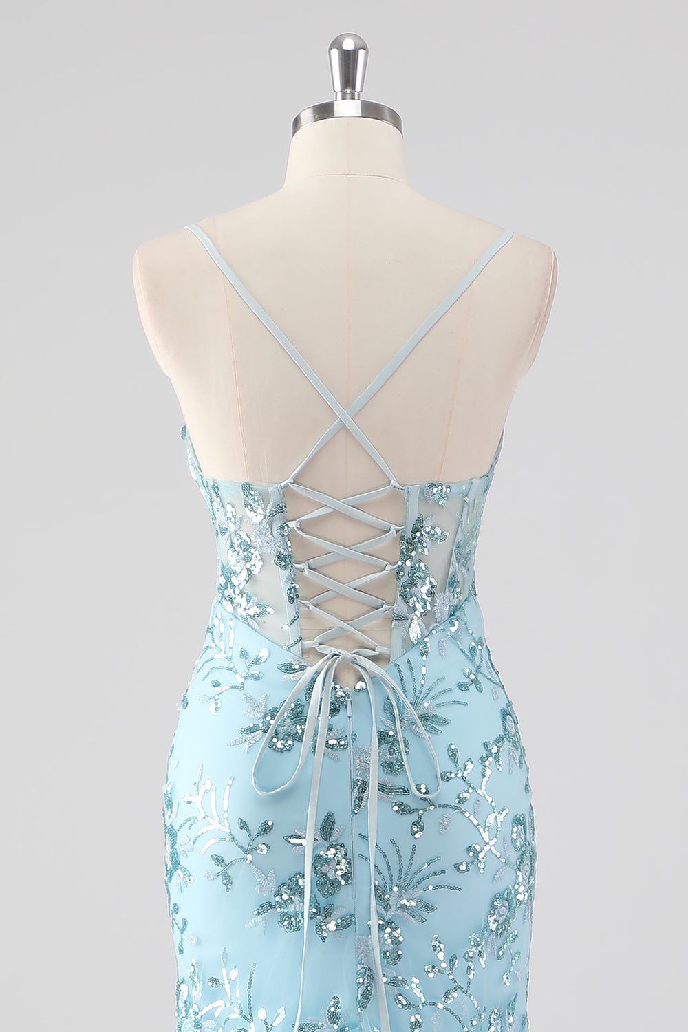 Sky Blue Mermaid Spaghetti Straps Sequin Corset Long Formal Dress with Ruffles