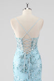 Sky Blue Mermaid Spaghetti Straps Sequin Corset Long Formal Dress with Ruffles