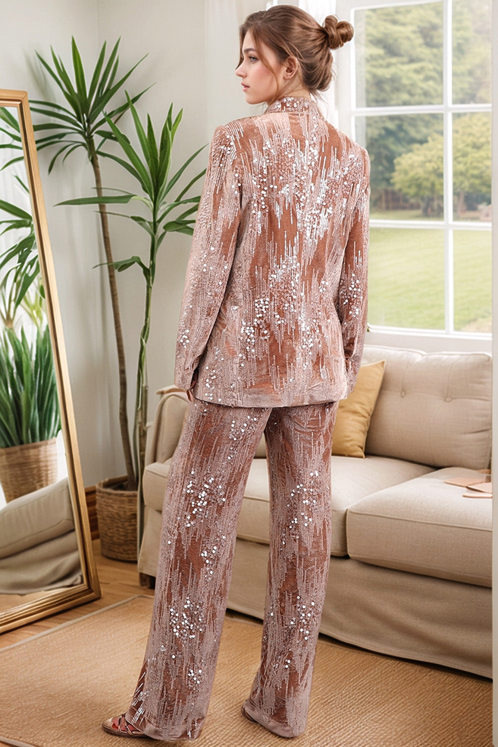 Sparkly Dusty Rose Velvet Notched Lapel Sequins 2 Pieces Women Suits