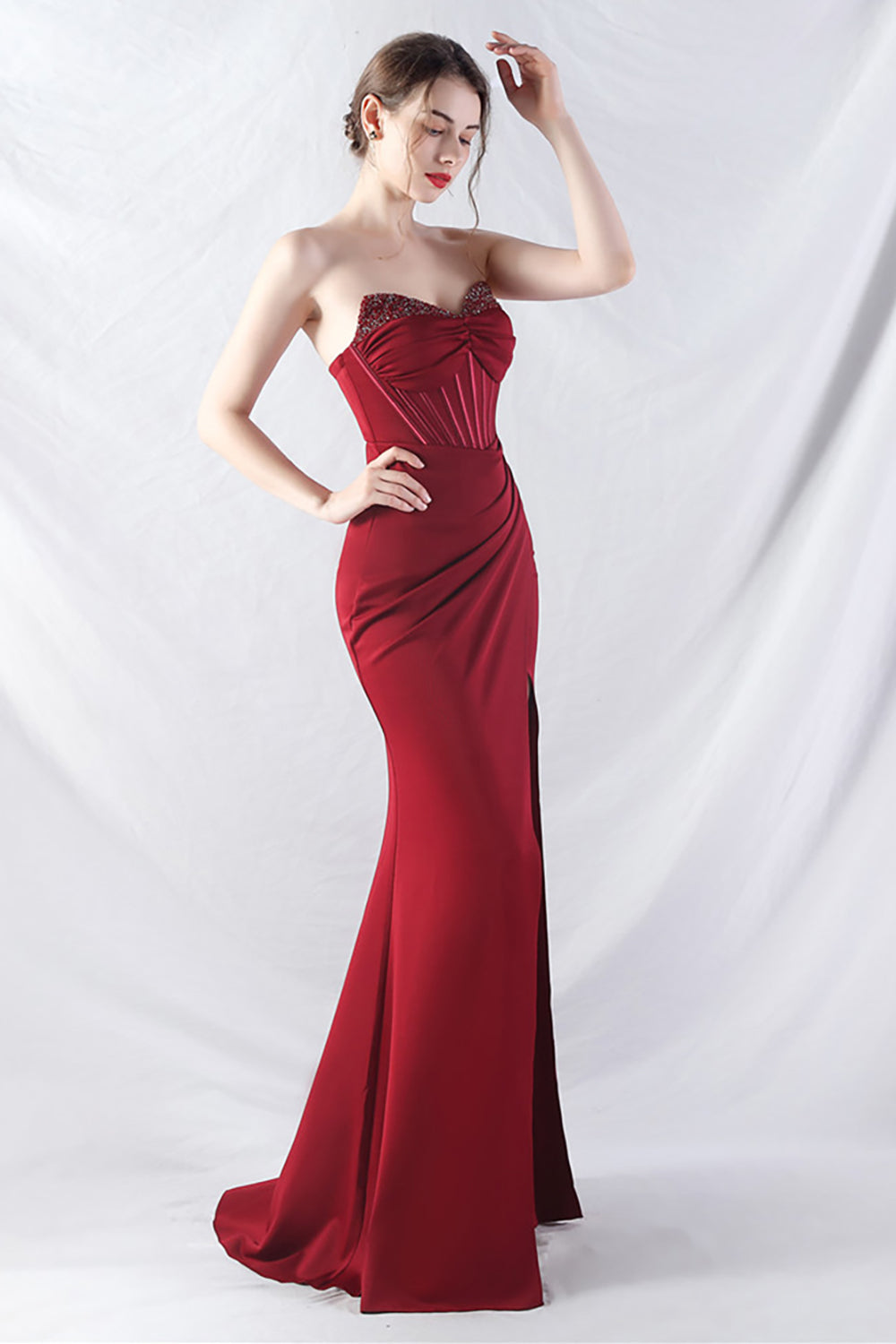 Sparkly Burgundy Beaded Corset Long Formal Dress with Slit