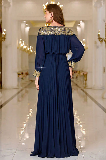 Navy Pleated A Line Boat Neck Long Formal Dress