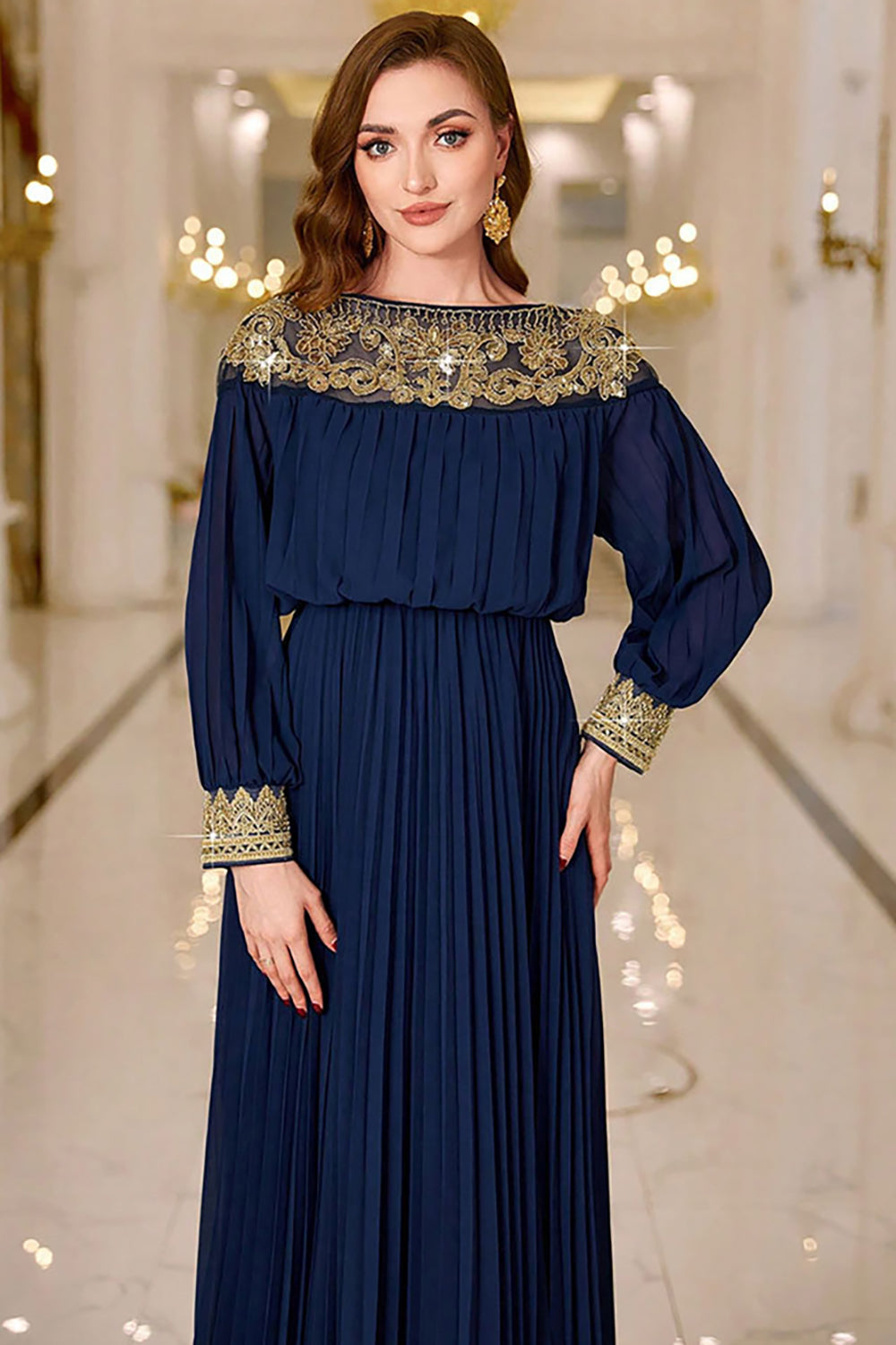 Navy Pleated A Line Boat Neck Long Formal Dress