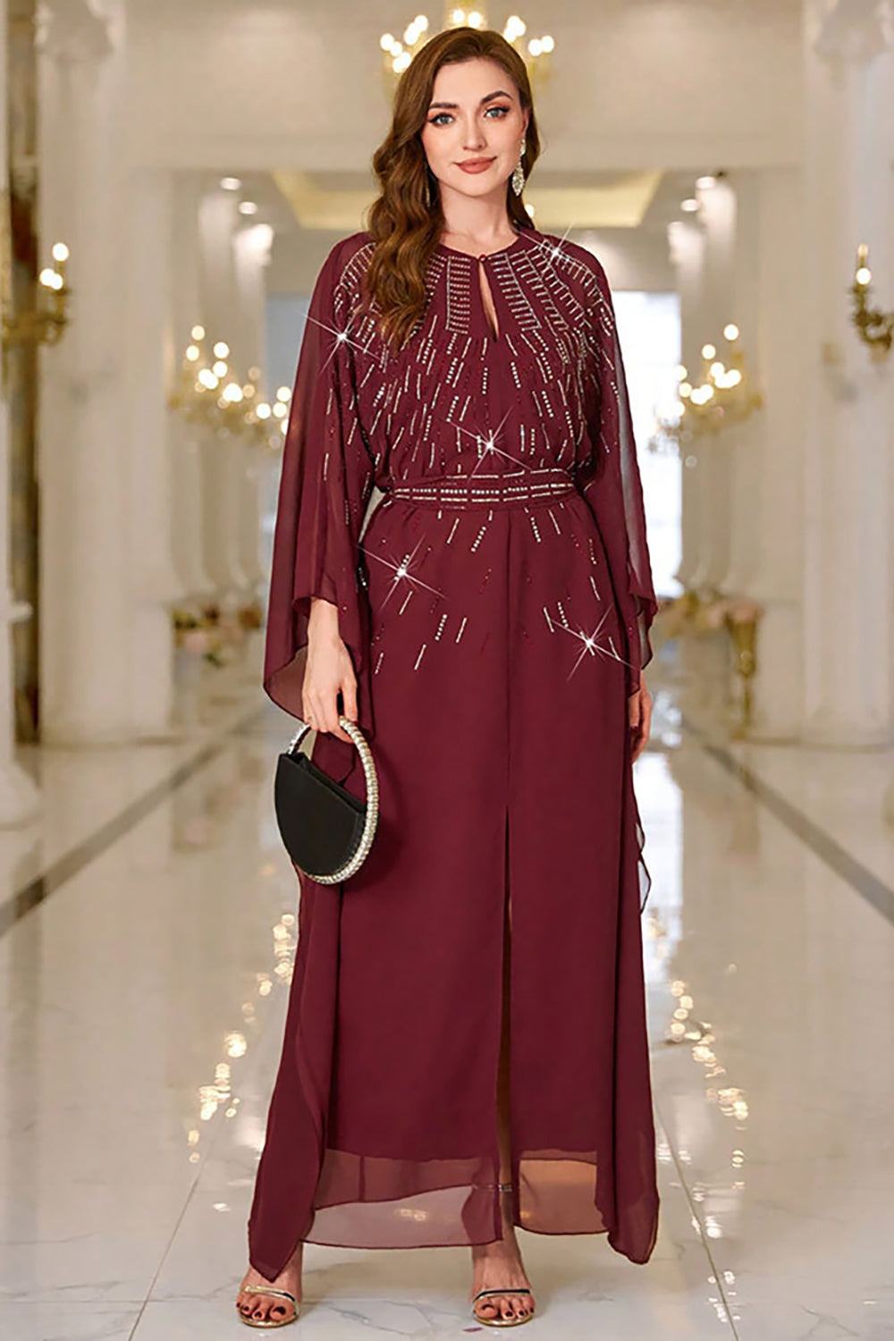 Sparkly Burgundy A Line Round Neck Long Sleeves Formal Dress
