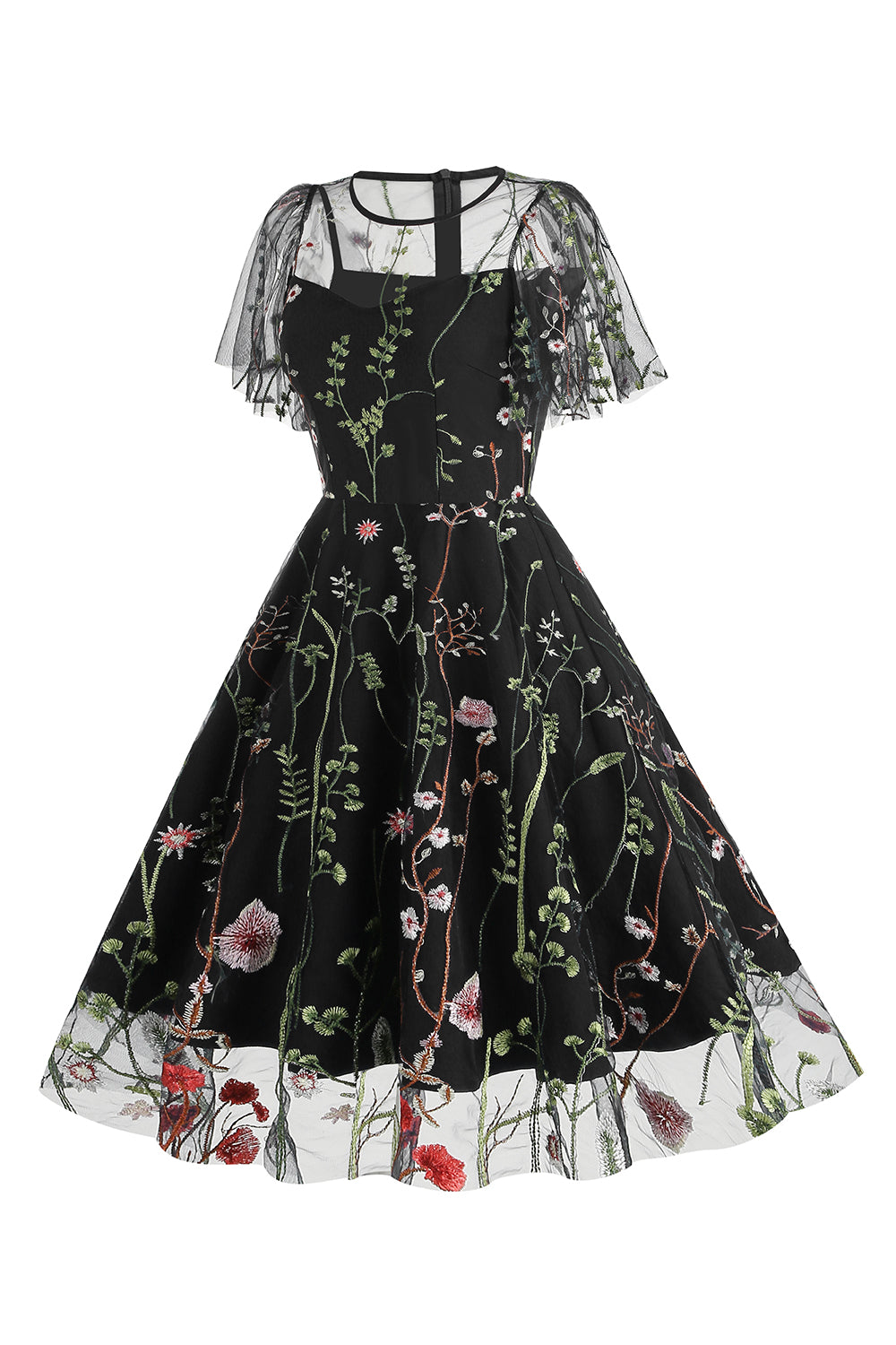 Apricot A Line Printed Tulle 1950s Dress with Short Sleeves