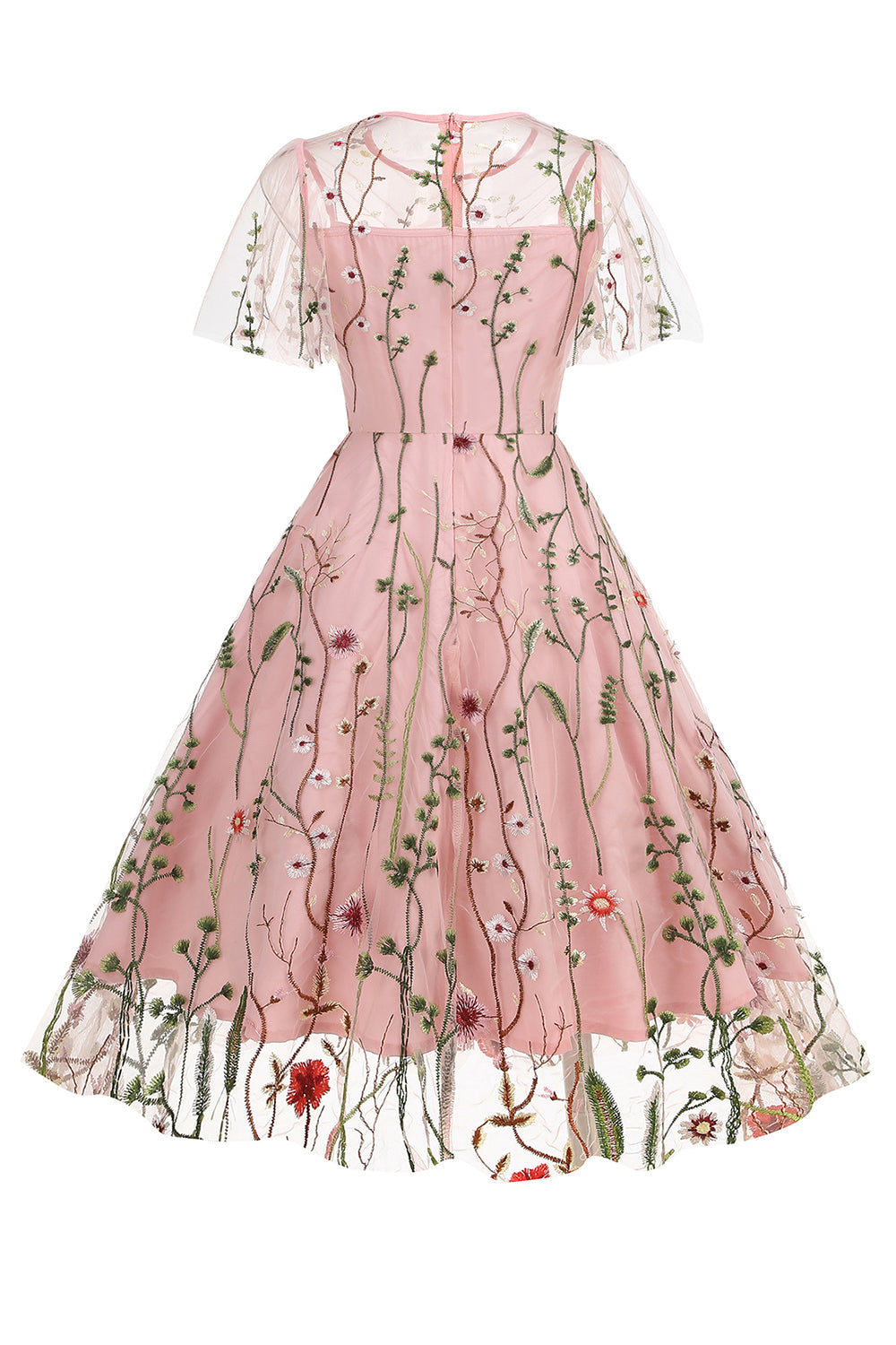 Apricot A Line Printed Tulle 1950s Dress with Short Sleeves