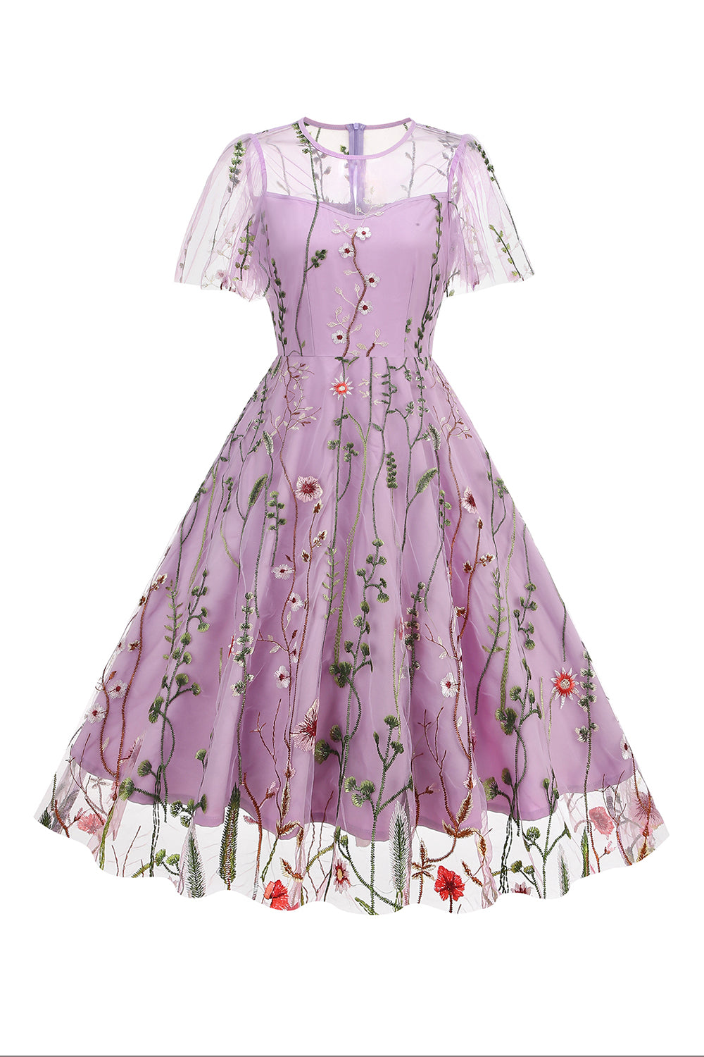 Apricot A Line Printed Tulle 1950s Dress with Short Sleeves
