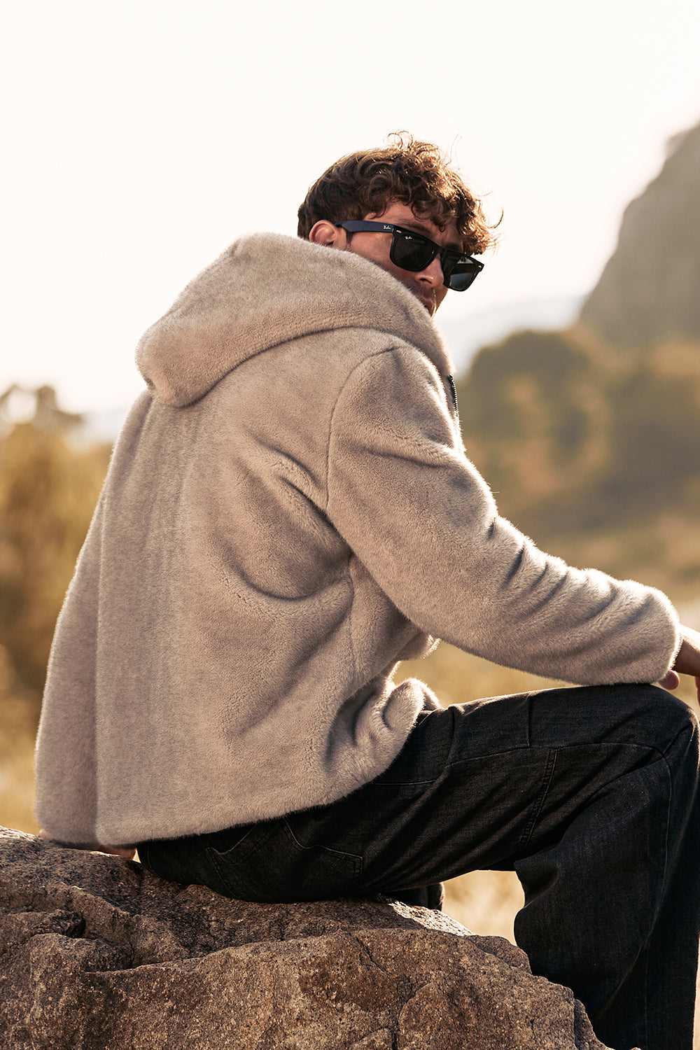 Khaki Zip-Up Fleece Hoodie Men's Winter Coat