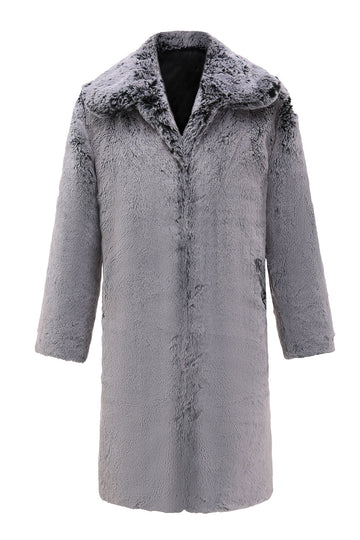 Grey Fluffy Long Sleeve Men Faux Fur Coat with Pockets