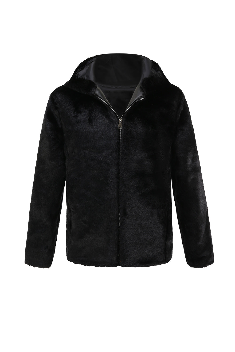 Men's Faux Fur Coat with Hood Winter Black Thickened Luxury