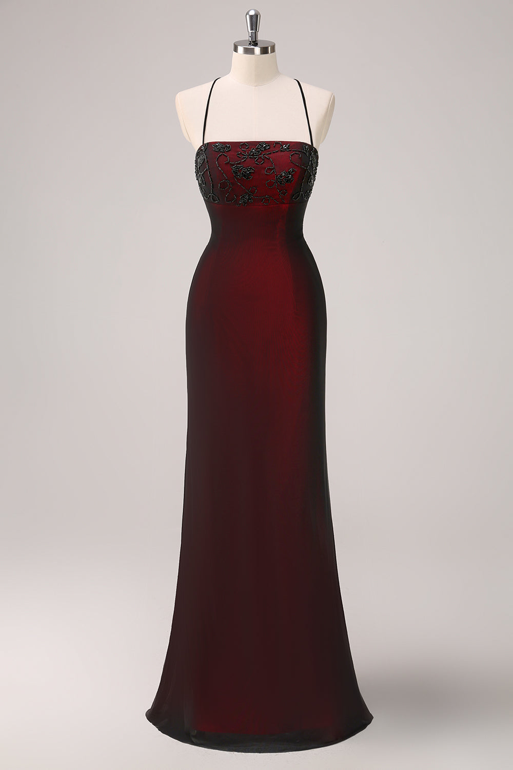 Zapaka Women Sparkly Black Red Mermaid Long Bridesmaid Dress with Beading Spaghetti Straps Lace-Up Back Formal Dress