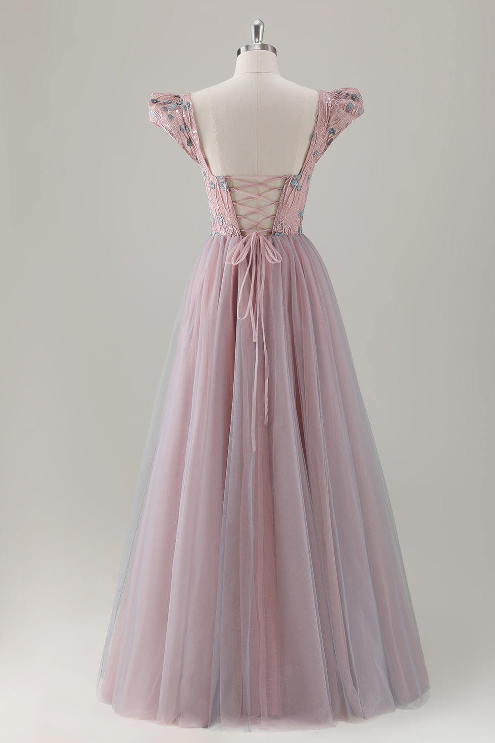 Grey Pink Floral A-Line Long Formal Dress with Short Sleeves