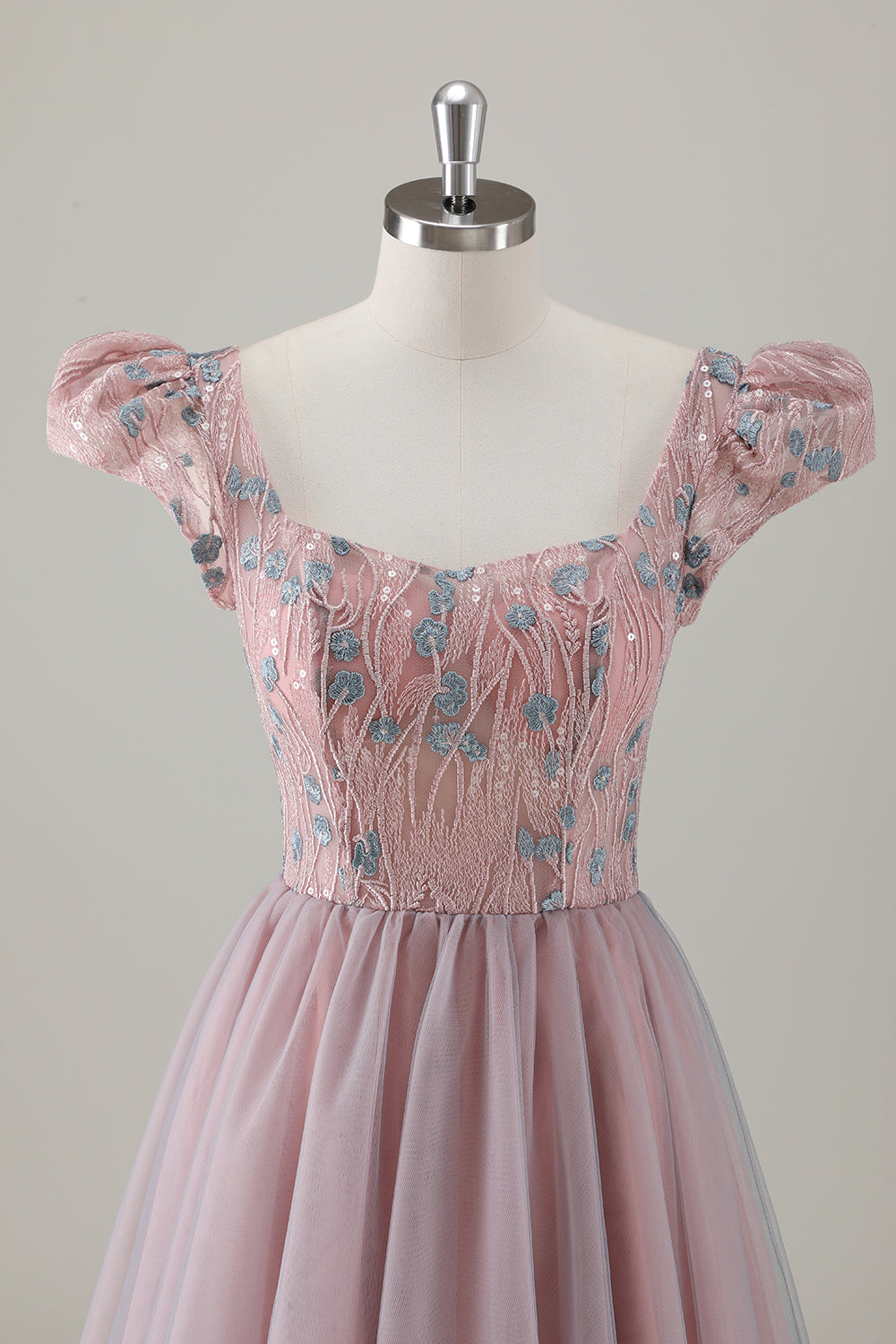 Grey Pink Floral A-Line Long Formal Dress with Short Sleeves