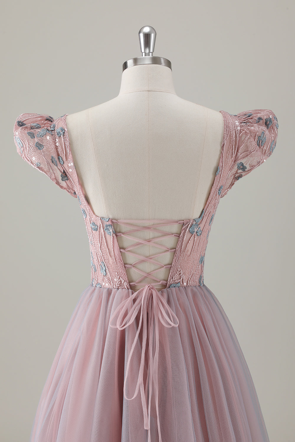 Grey Pink Floral A-Line Long Formal Dress with Short Sleeves