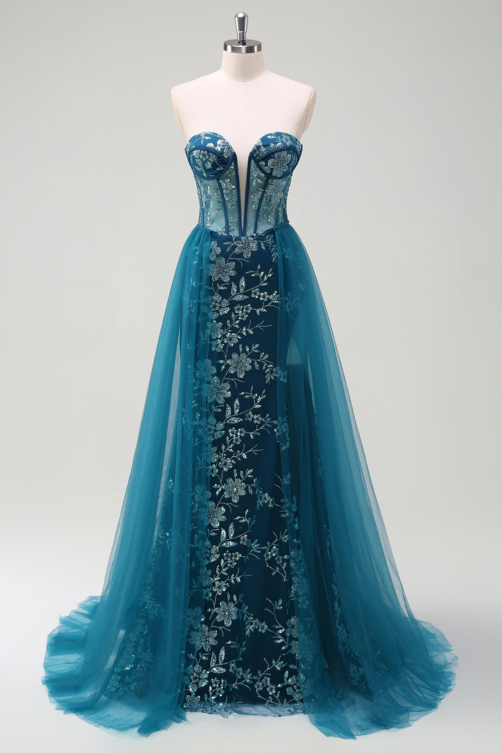 Peacock Blue Mermaid Streamer Strapless Corset Long Formal Dress with Slit