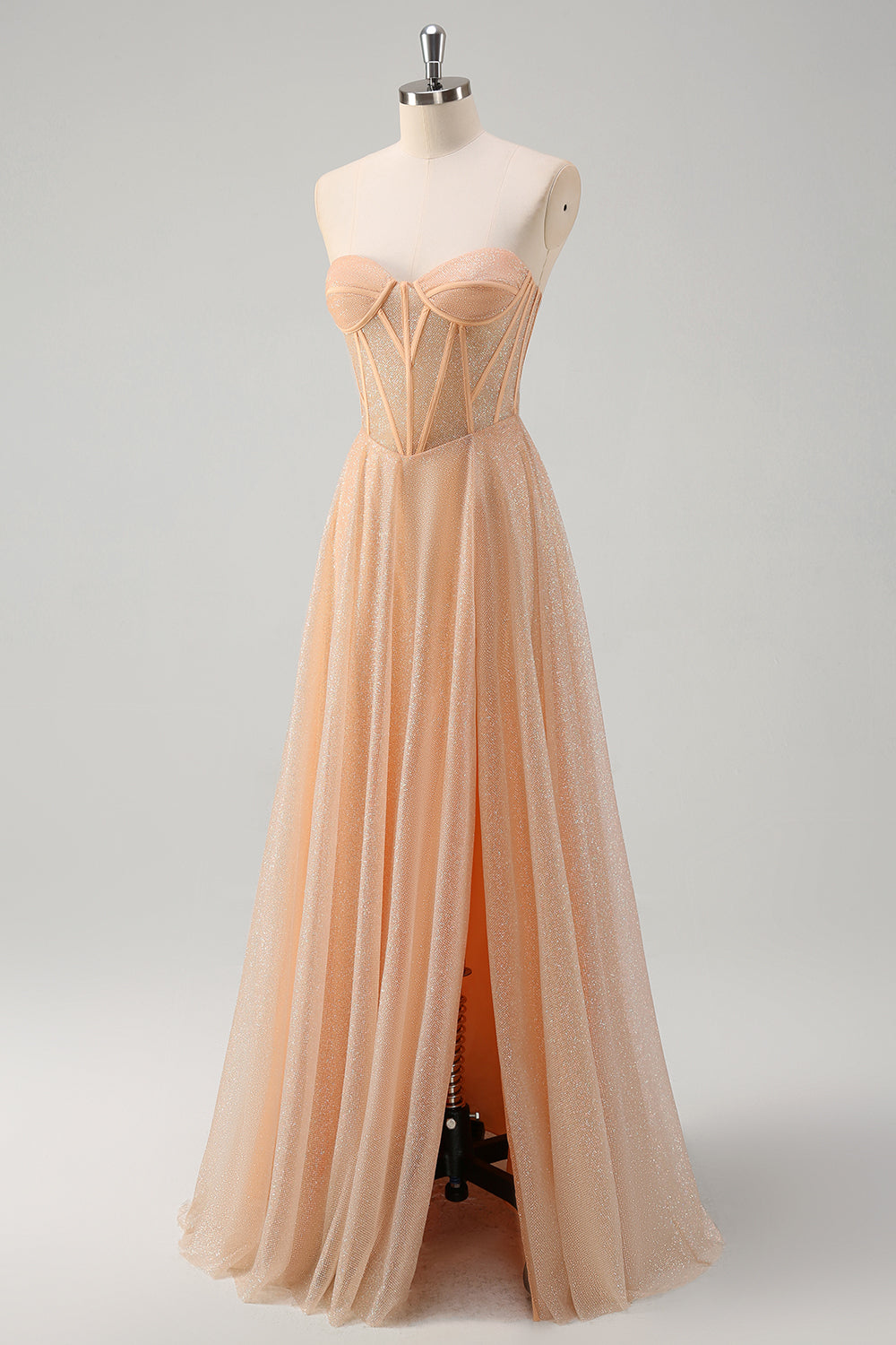 Glitter Champagne A Line Corset Strapless Formal Dress with Slit
