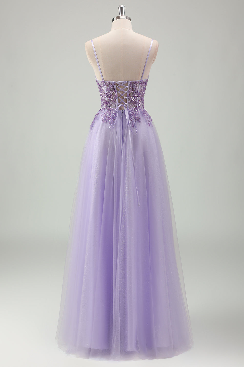Sparkly Purple A-Line Spaghetti Straps Corset Long Formal Dress with Appliques