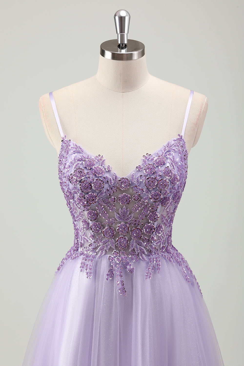 Sparkly Purple A-Line Spaghetti Straps Corset Long Formal Dress with Appliques