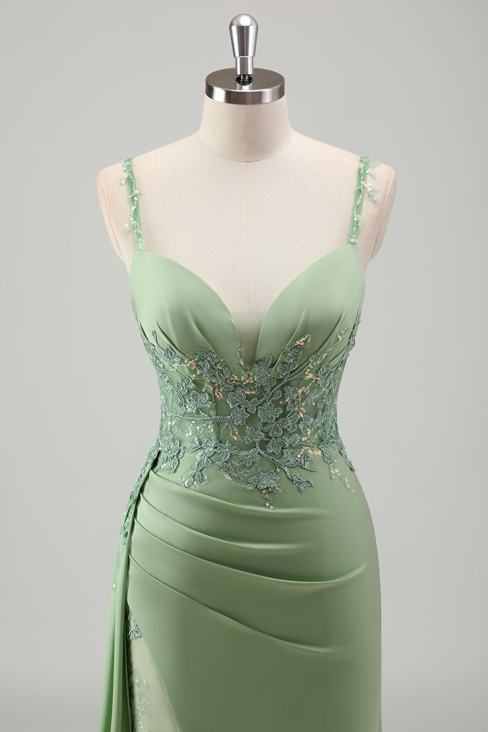 Sparkly Light Green Mermaid Spaghetti Straps Appliques Long Formal Dress with Slit