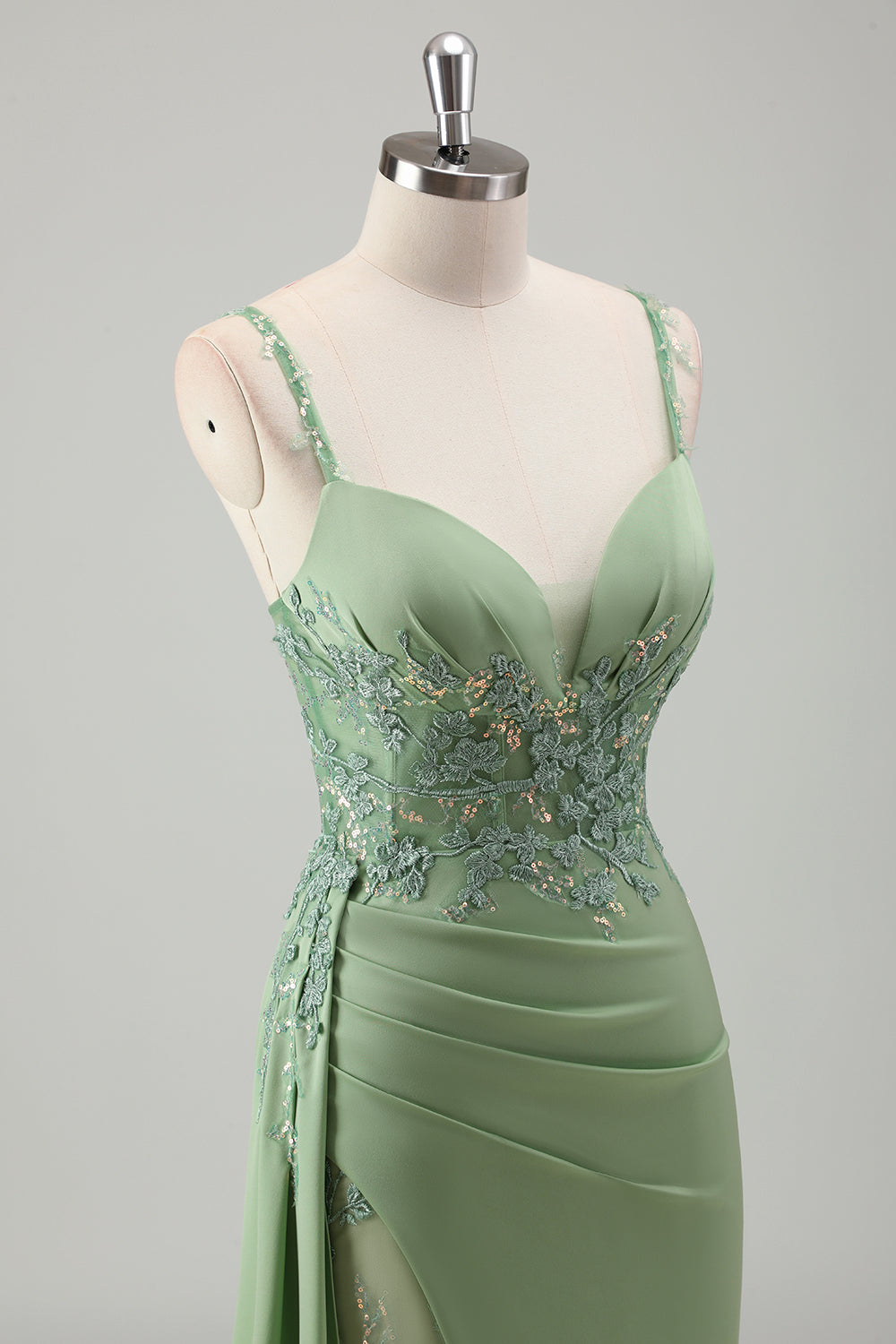 Sparkly Light Green Mermaid Spaghetti Straps Appliques Long Formal Dress with Slit