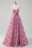Pinkish Purple A-Line Floral Spaghetti Straps Long Formal Dress with Slit