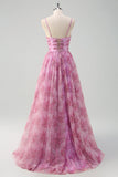 Pinkish Purple A-Line Floral Spaghetti Straps Long Formal Dress with Slit