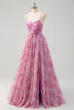 Pinkish Purple A-Line Floral Spaghetti Straps Long Formal Dress with Slit