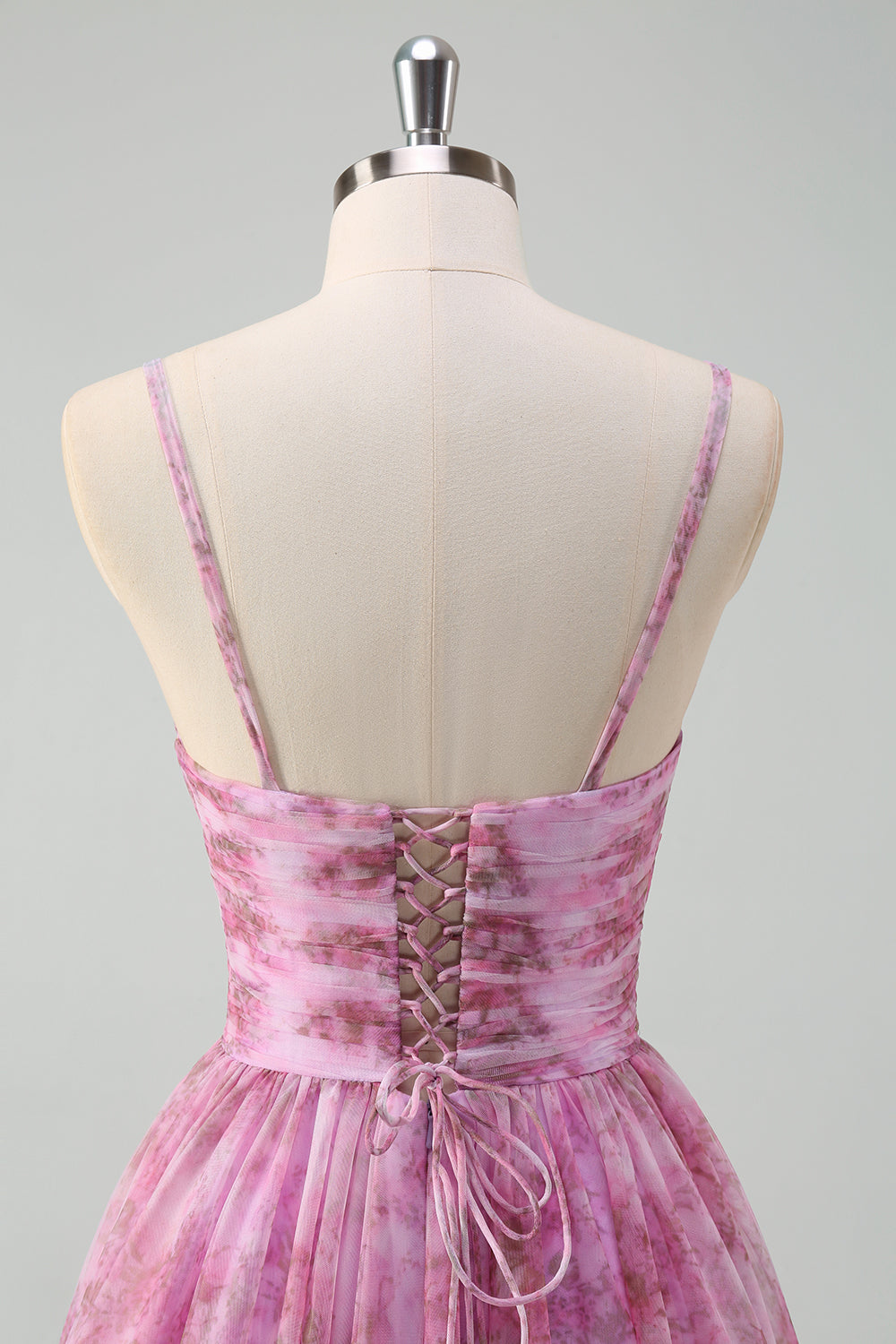 Pinkish Purple A-Line Floral Spaghetti Straps Long Formal Dress with Slit