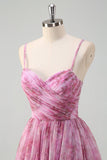 Pinkish Purple A-Line Floral Spaghetti Straps Long Formal Dress with Slit